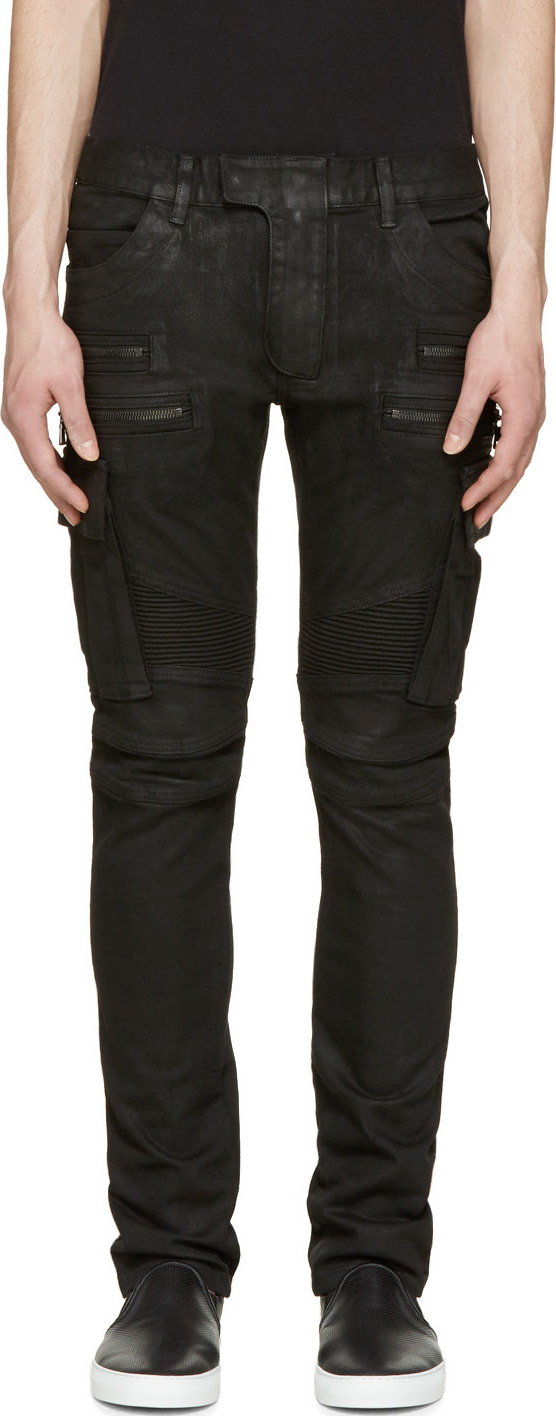 Balmain: Black Coated Cargo Jeans | SSENSE Canada