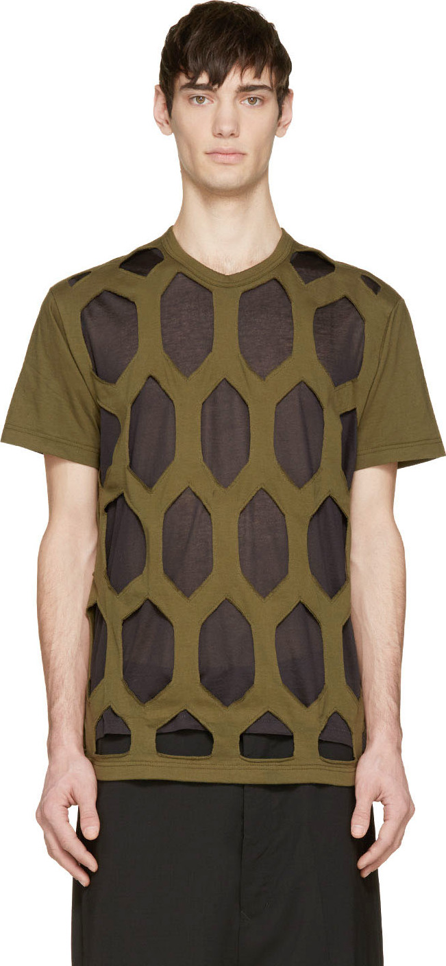 Comme des Garçons Homme Plus: Khaki Green Hexagon Cut-Out T-Shirt | SSENSE