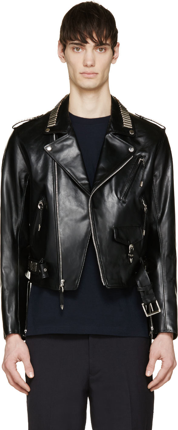 Toga Virilis: Black Leather Studded Biker Jacket | SSENSE Canada