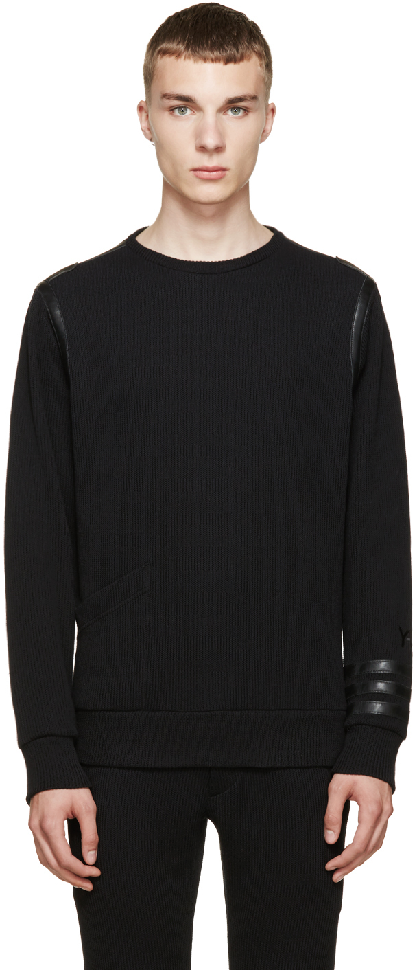 Y-3: Black Leather Trim Knit Sweater | SSENSE