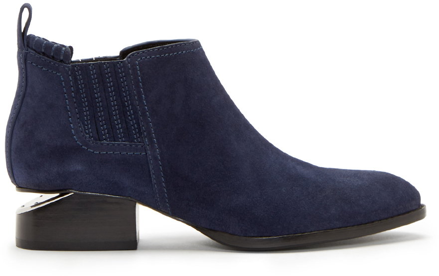 Alexander Wang: Blue Suede Notched Heel Kori Ankle Boots | SSENSE