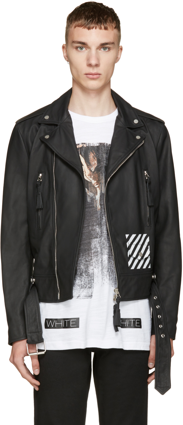 Off-White: Black Leather Biker Jacket | SSENSE