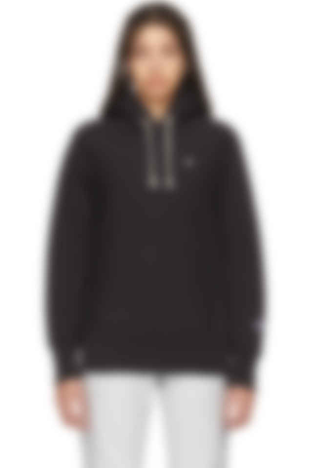 Champion Reverse Weave Black Logo Hoodie Ssense