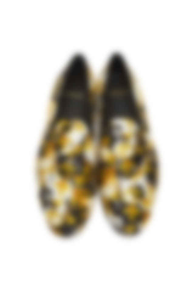 white and gold versace loafers