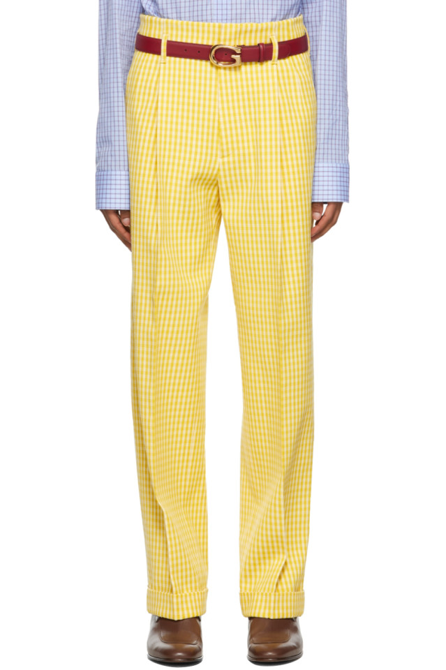 Gucci: Yellow & Off-White Vichy Crêpe Trousers | SSENSE