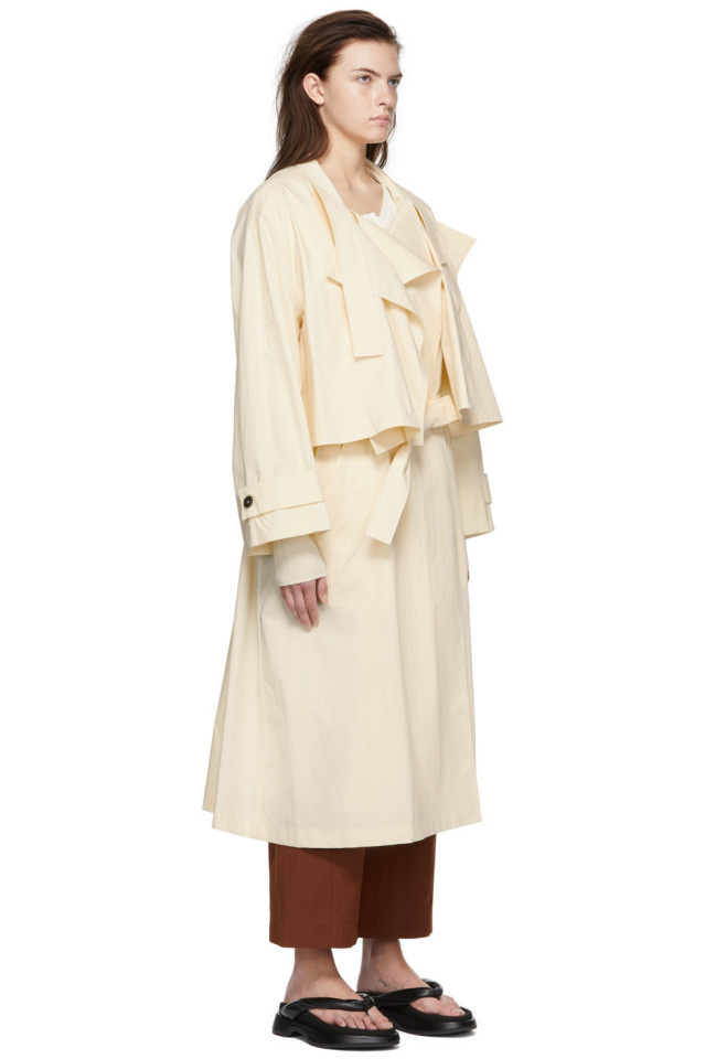 Off-White Cotton Trench Coat by LOW CLASSIC on Sale