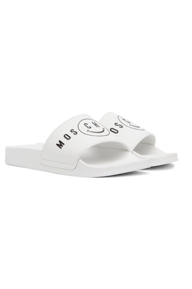 Moschino: White Smiley Edition Logo Pool Slides | SSENSE