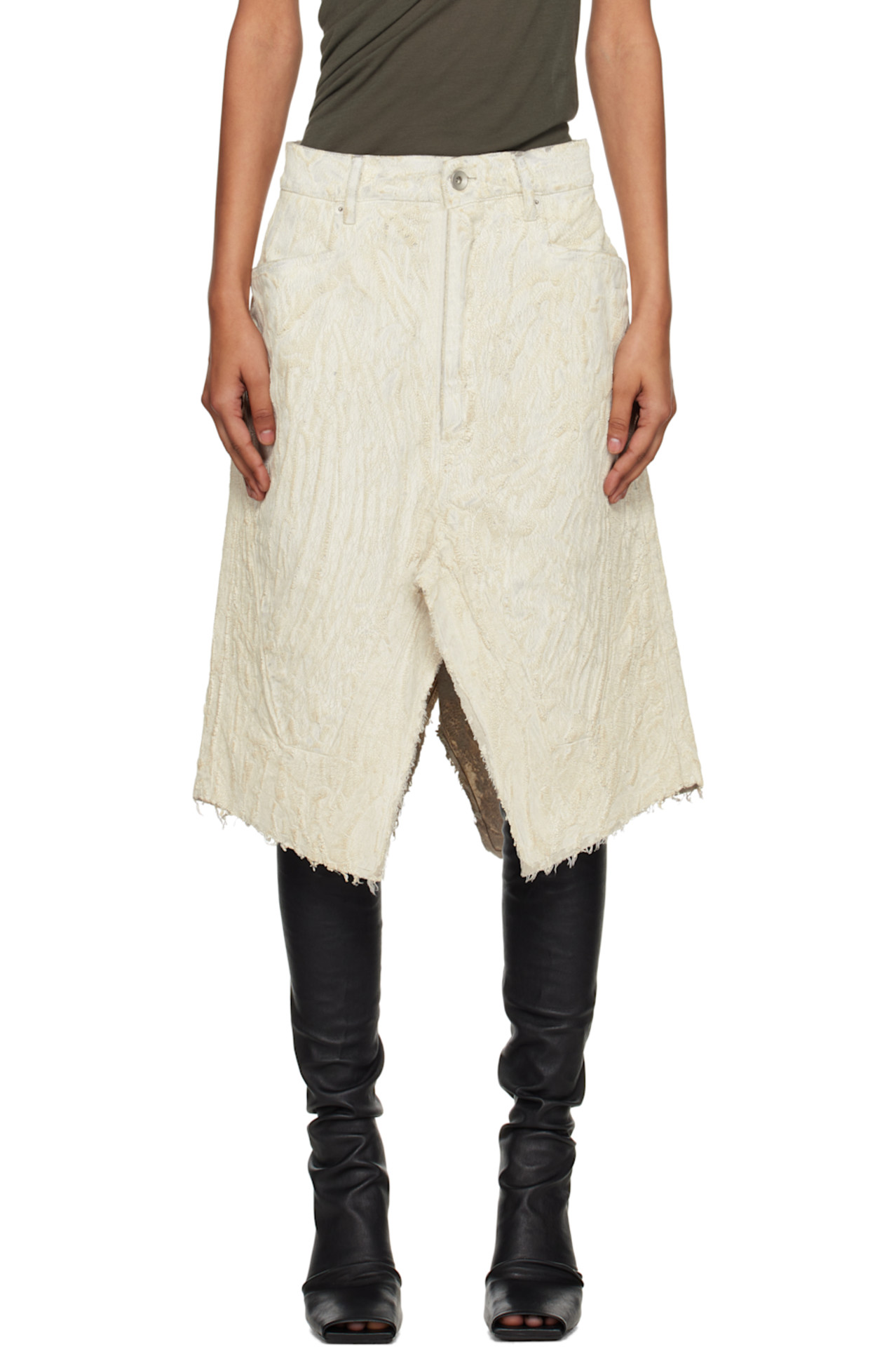 Rick Owens Off-White Concordians Slivered Denim Midi Skirt