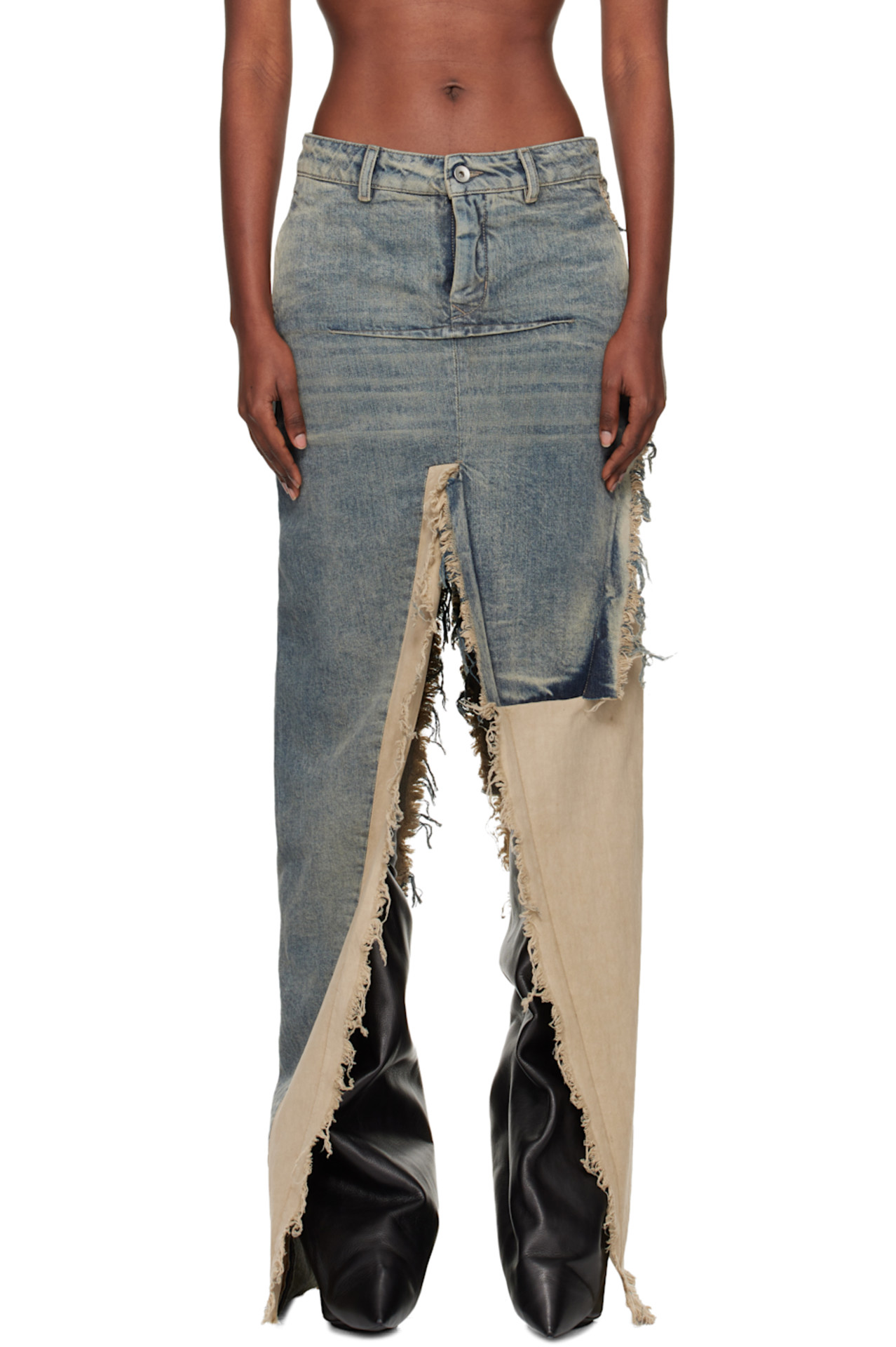 Rick Owens Blue & Off-White Concordians Sliced Denim Maxi Skirt