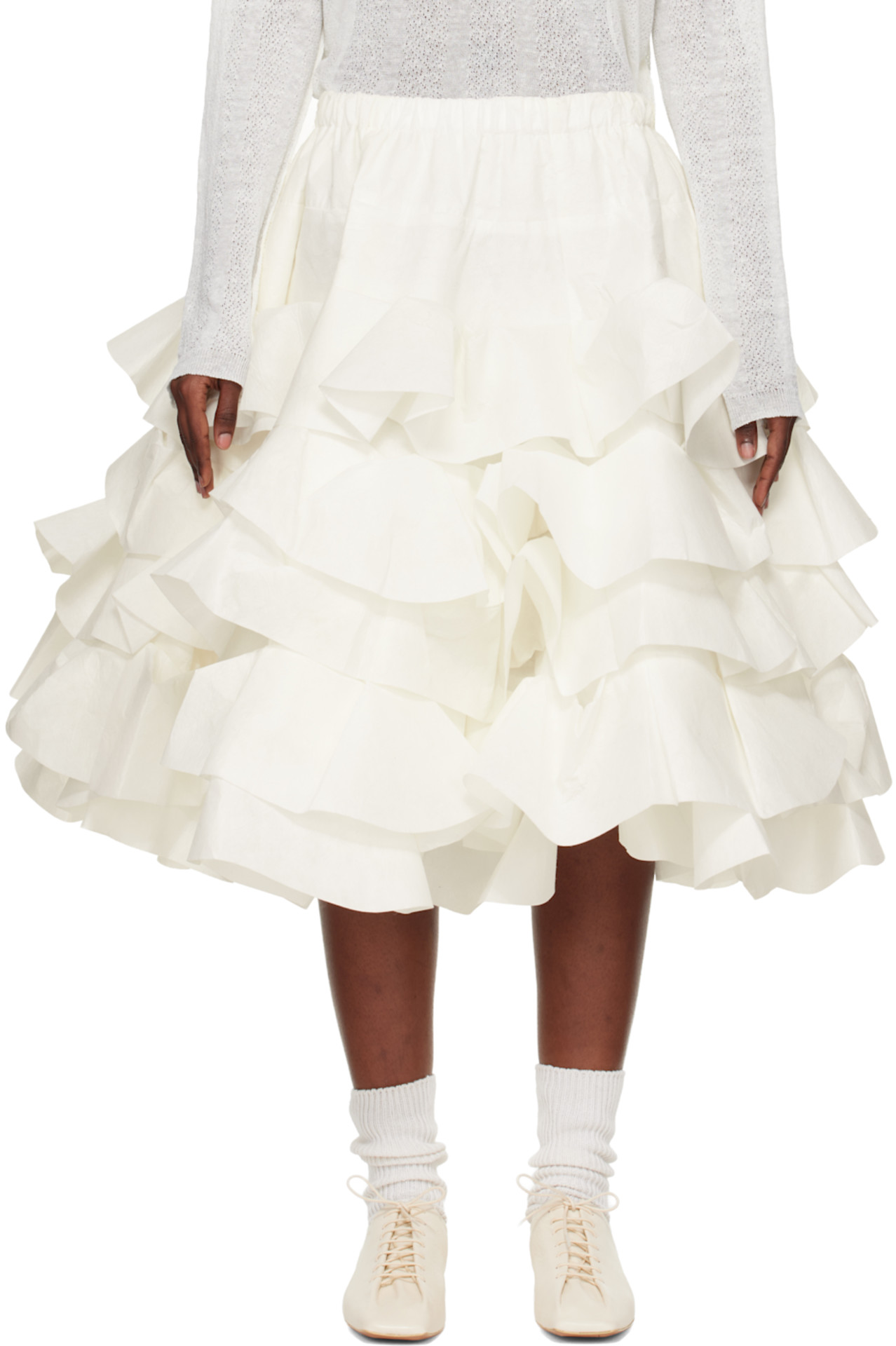 SSENSE White Polyester Rayon Tiered Midi Skirt