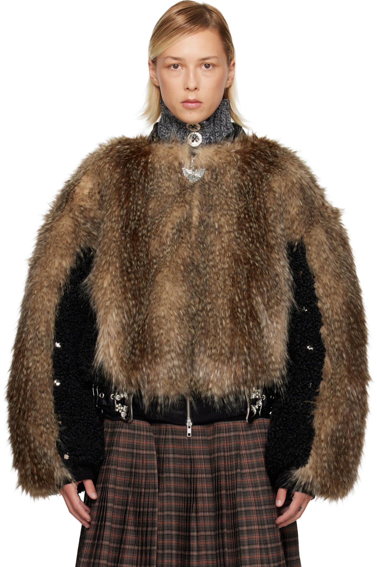 SSENSE Black & Beige French Kiss Faux-Fur Bomber Jacket