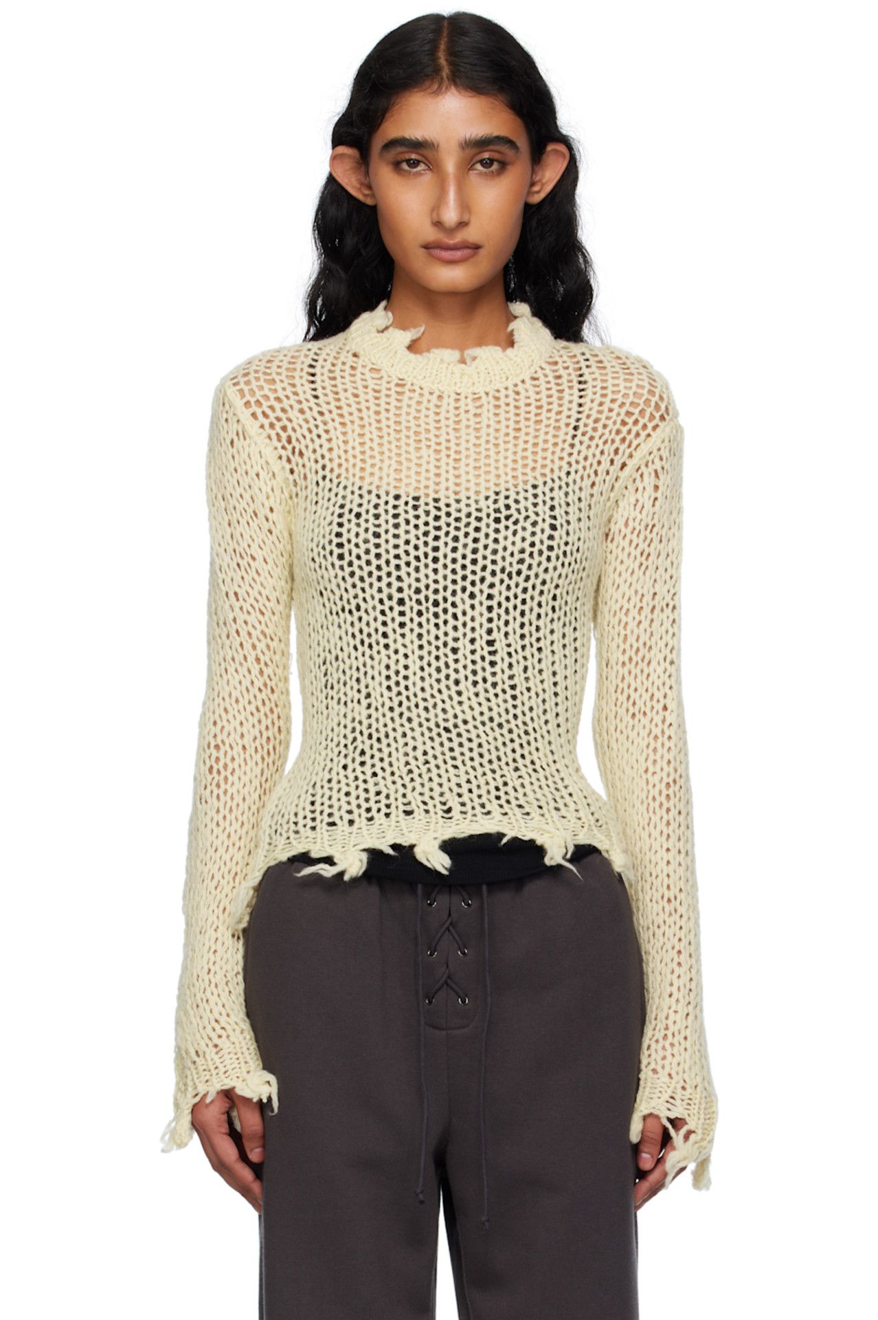 SSENSE Beige Distressed Crop Knit Sweater