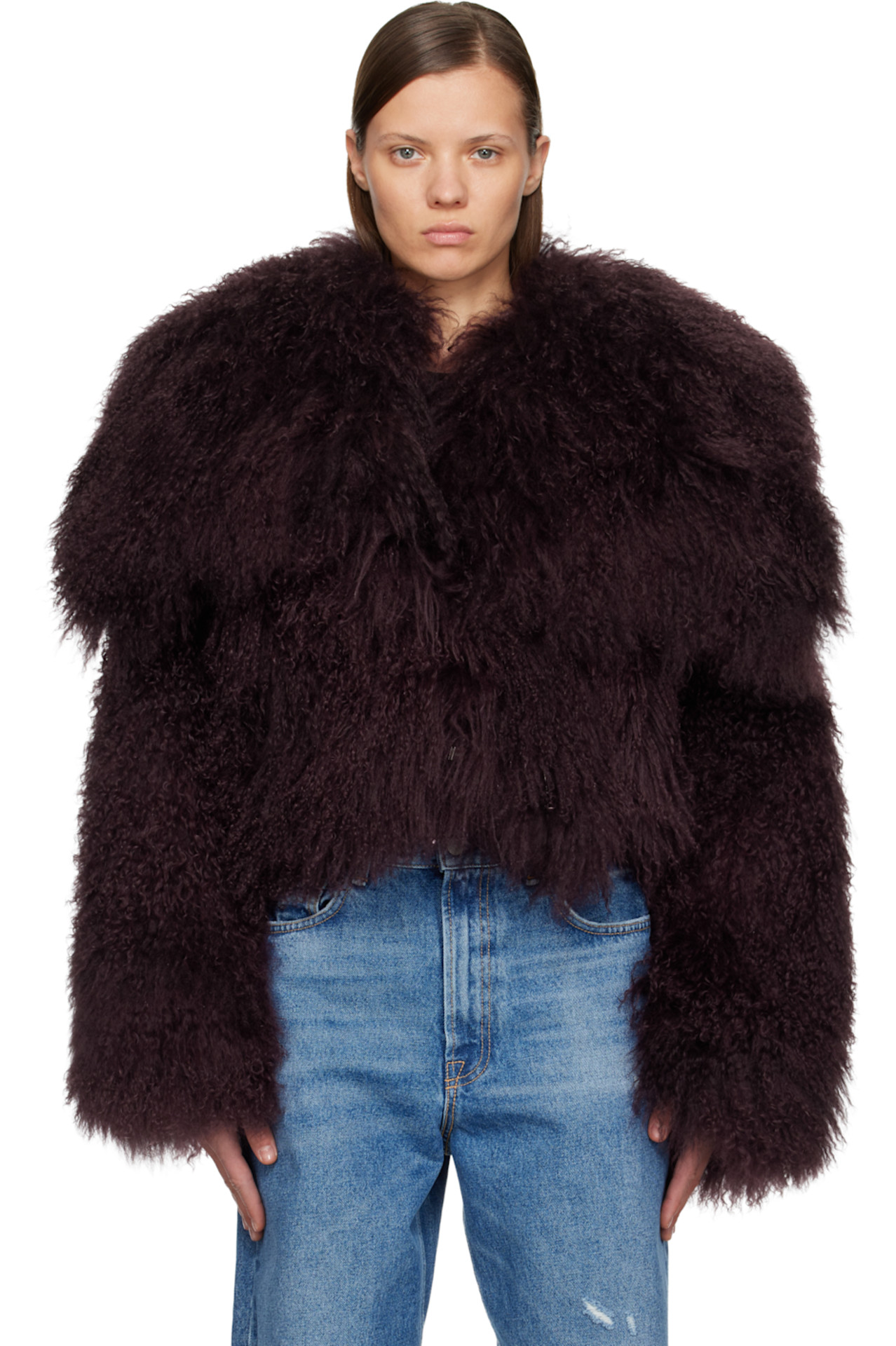 SSENSE Burgundy Shearling Bomber Jacket