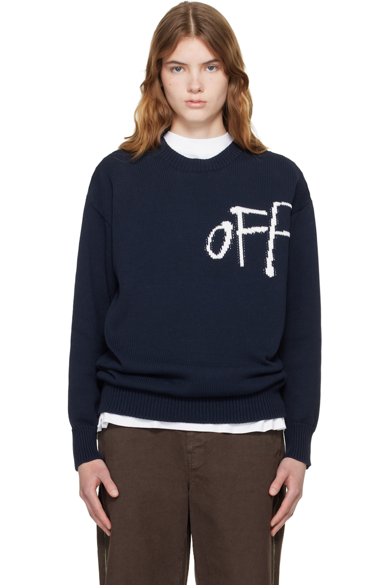 Off-White Navy Bookish Shared Cotton Knit Crewneck Sweater