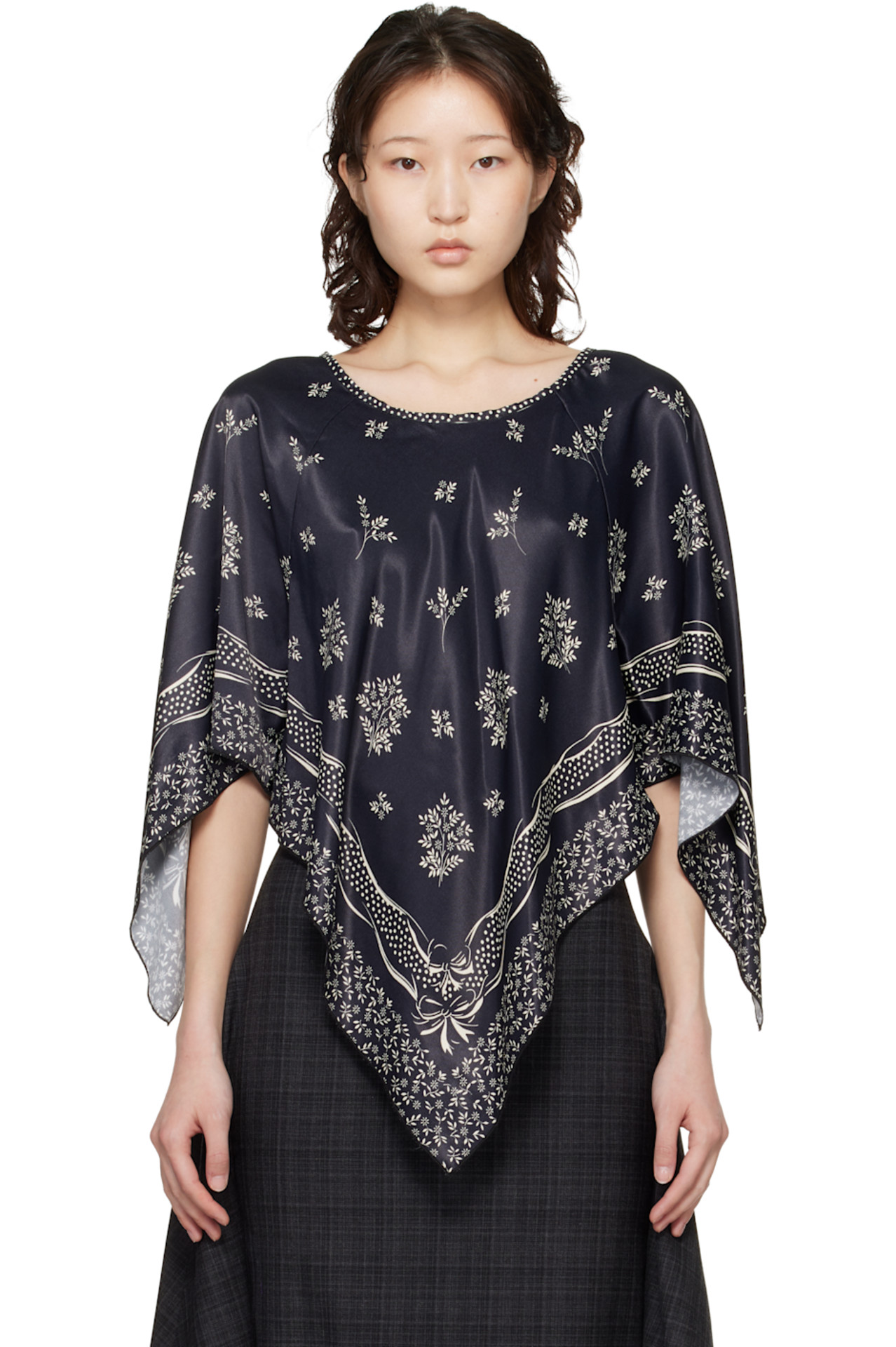 Anna Sui Black Ribbon Handkerchief Satin Print Poncho Blouse