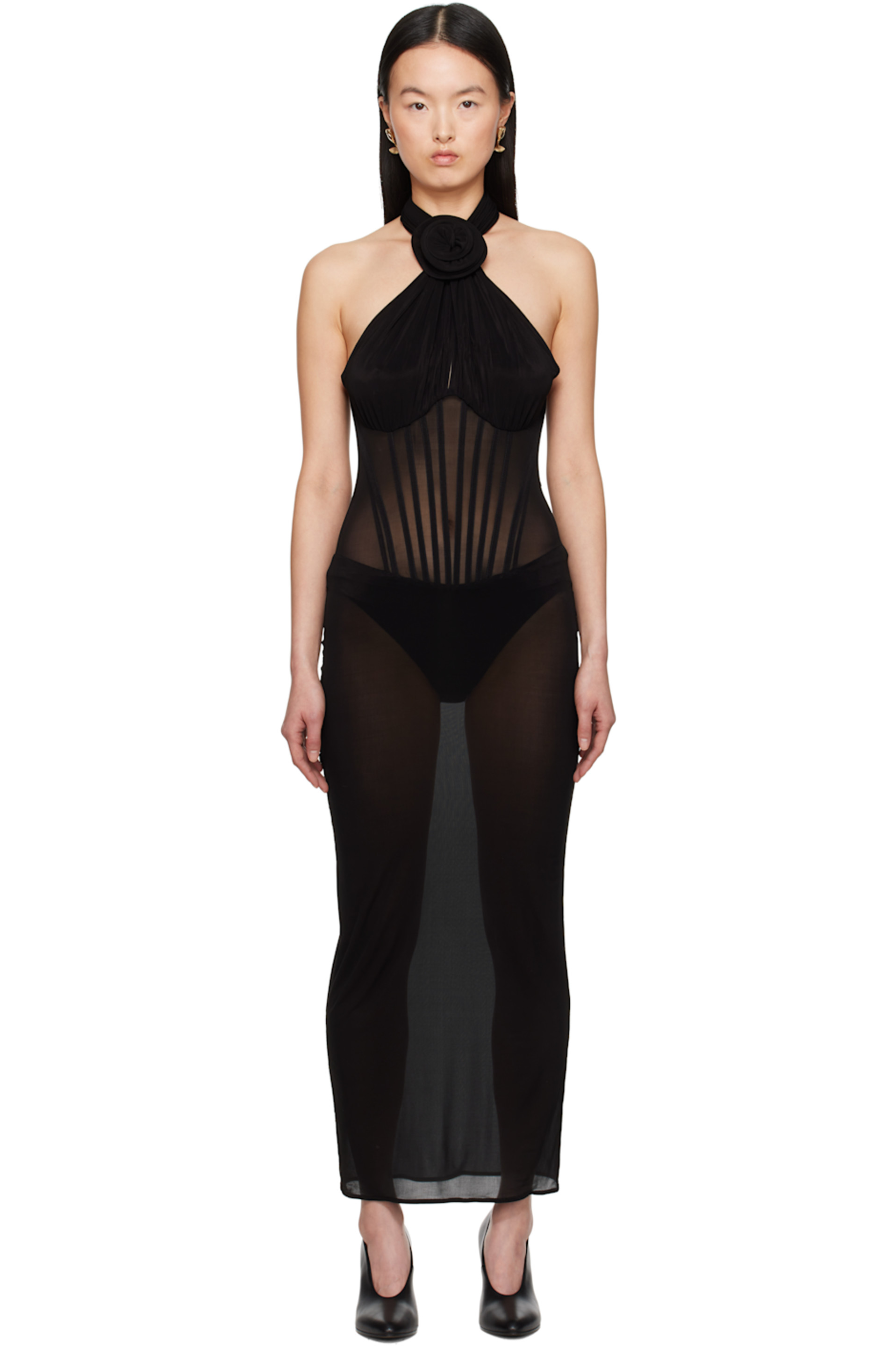 Black Sheer Halter Bustier Midi Dress