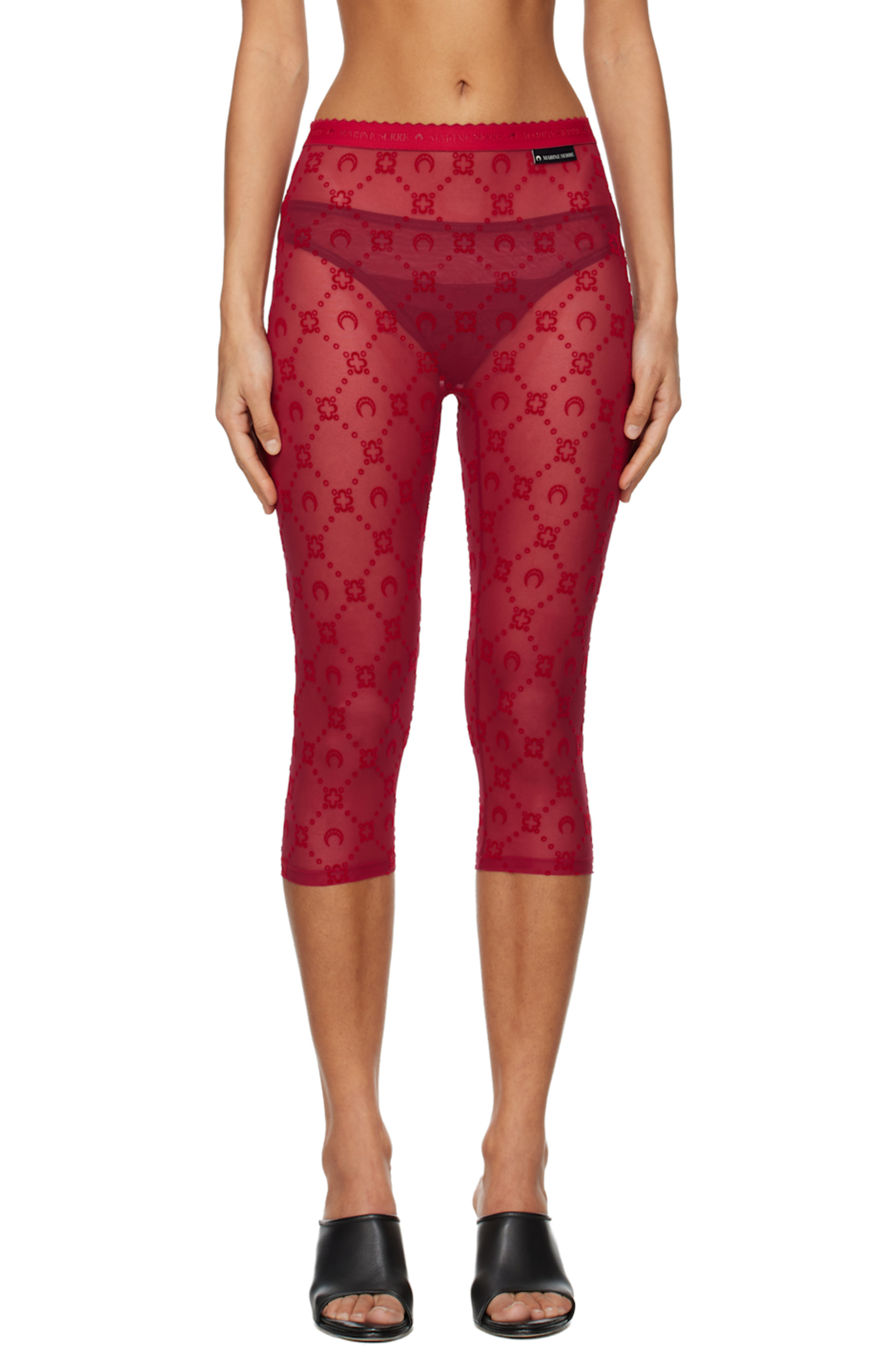 Red Moonogram Mesh Flock Capri Leggings