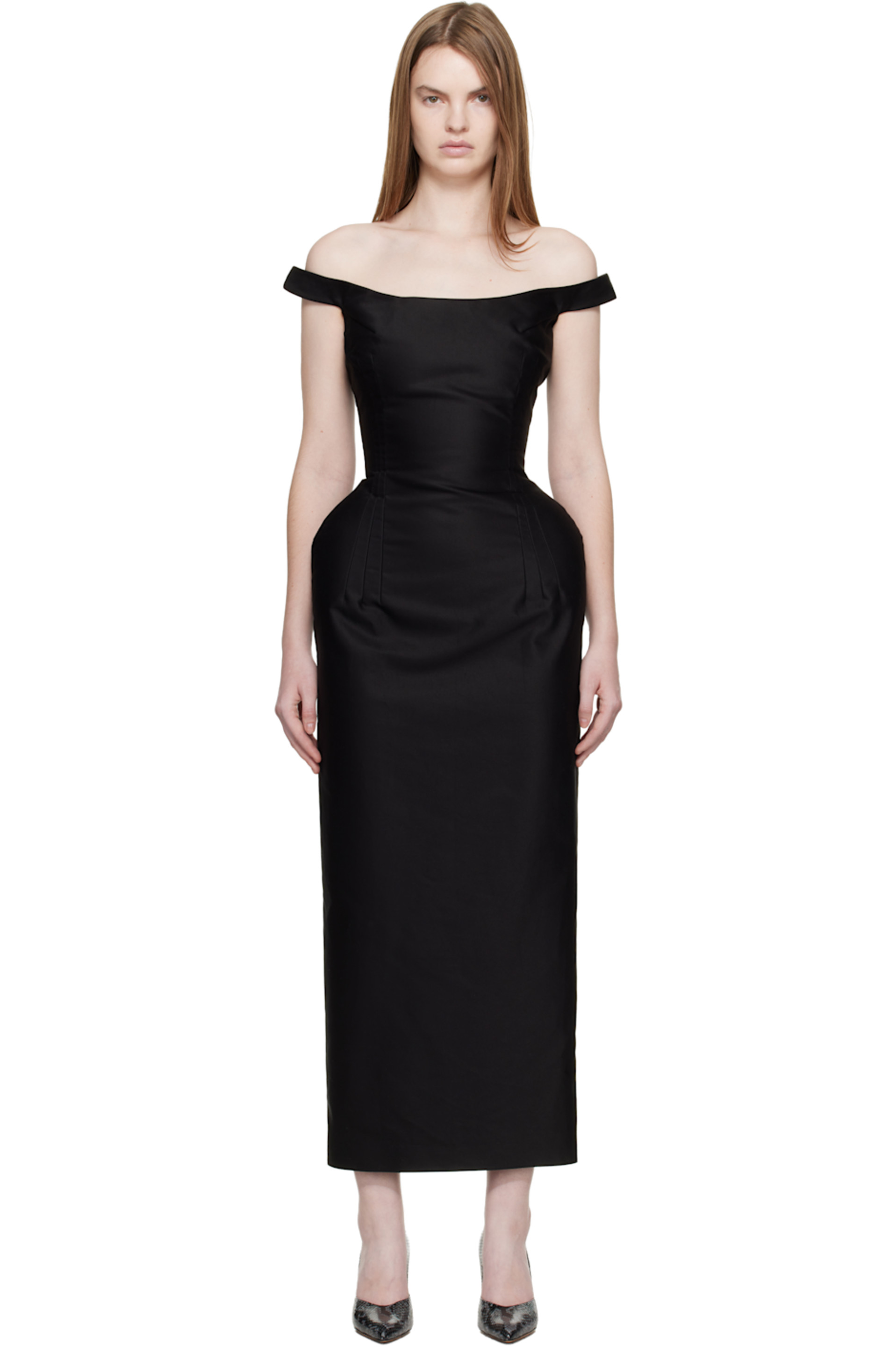 Black Off-Shoulder Hip Pad Maxi Dress