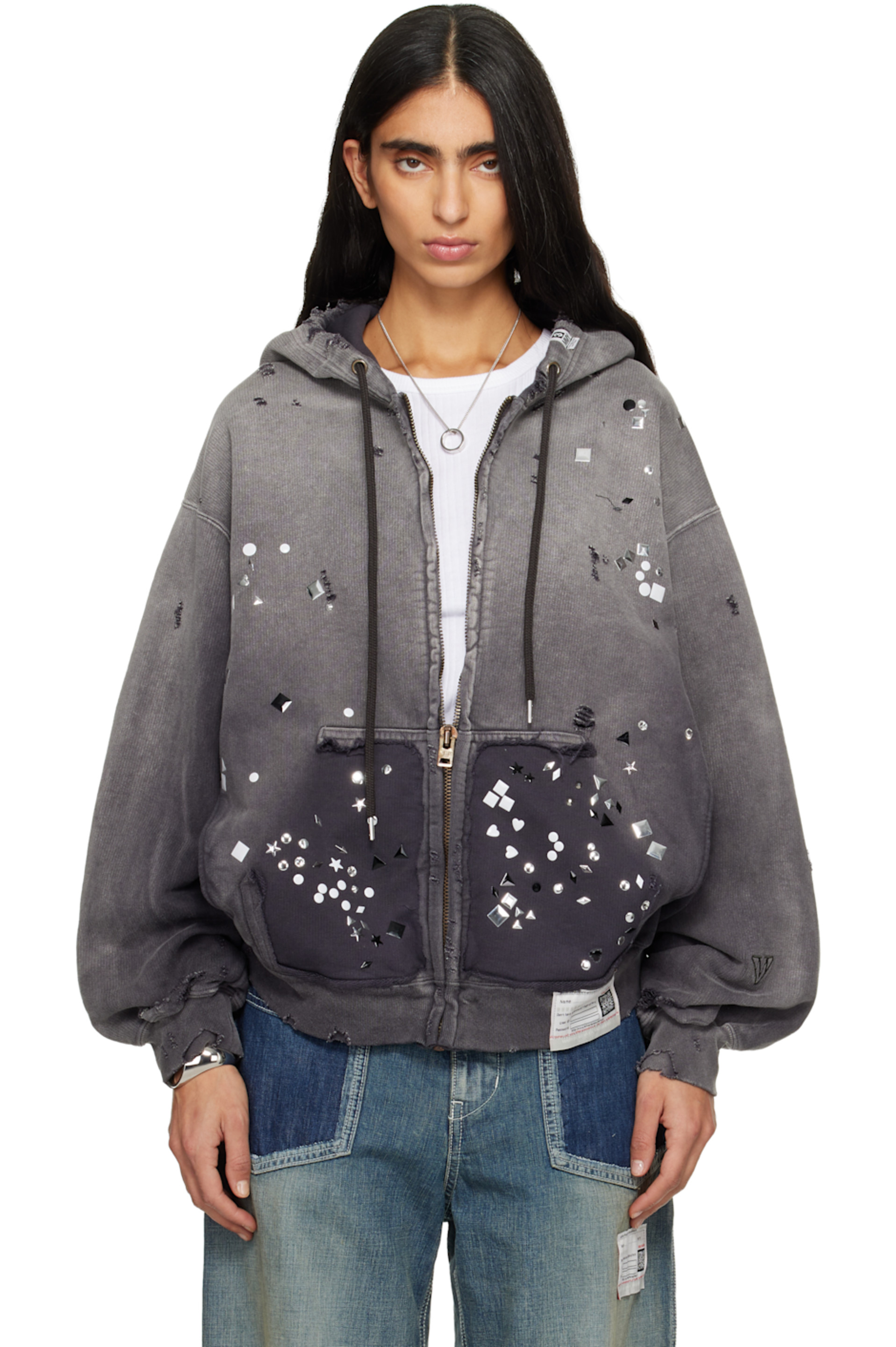 Black Sun Faded Like Embellished Zip-up Hoodie