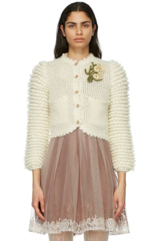 Gucci Off-White Mohair Floral Brooch Cardigan
