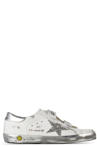 골든구스 키즈 스니커즈 Golden Goose Kids White &amp; Silver Glitter Old School Velcro Sneakers,White