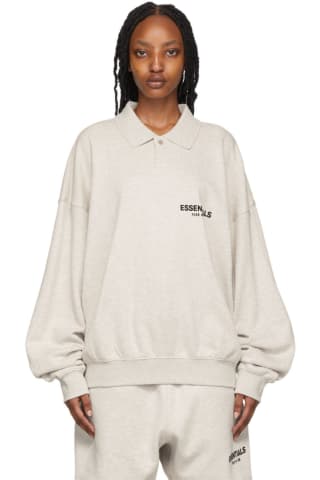 Essentials Off-White Cotton Long Sleeve Polo,Light oatmeal