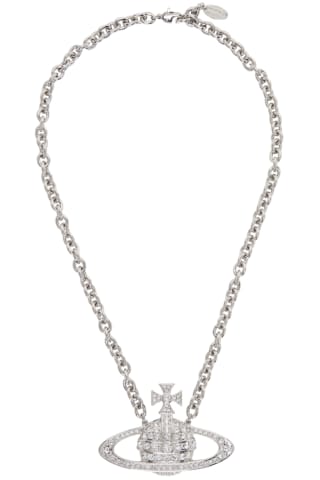 비비안 웨스트우드 목걸이 Vivienne Westwood Silver Bas Relief Logo Necklace,Platinum/Crystal