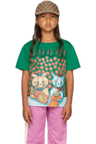 Gucci Kids Green Cotton Cat Print T-Shirt