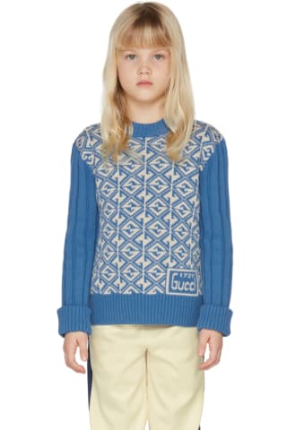 구찌 키즈 스웨터 Gucci Kids Blue &amp; Off-White G Rhombus Sweater,Summery blue/Ivory 