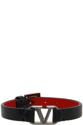 발렌티노 V로고 가죽 팔찌 Valentino Black &amp; Red Calfskin VLogo Signature Bracelet,Black/Red