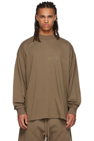 피어오브갓 에센셜 Essentials Brown Flocked Long Sleeve T-Shirt,Wood