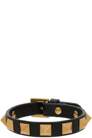발렌티노 Valentino Black Leather Rockstud Bracelet,Nero