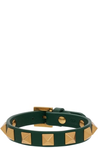 발렌티노 Valentino Green Leather Rockstud Bracelet,English Green