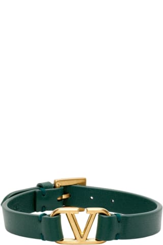 발렌티노 Valentino Green Leather VLogo Bracelet,English Green