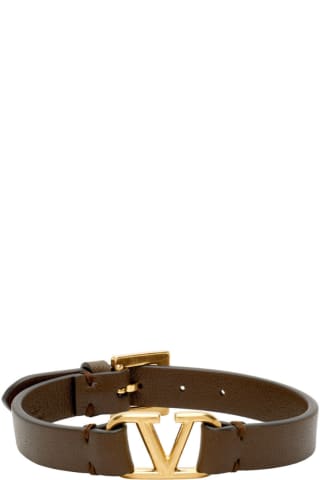 발렌티노 Valentino Brown Leather VLogo Bracelet,Fondant