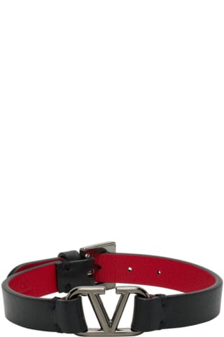 발렌티노 Valentino Black Leather VLogo Bracelet,Black/Red