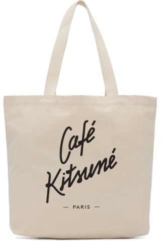 메종 키츠네 Maison Kitsune Off-White Logo Tote Bag,Latte
