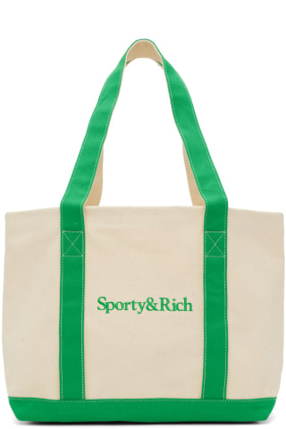 Sporty & Rich Off-White & Green Serif Two-Tone Tote,Natural