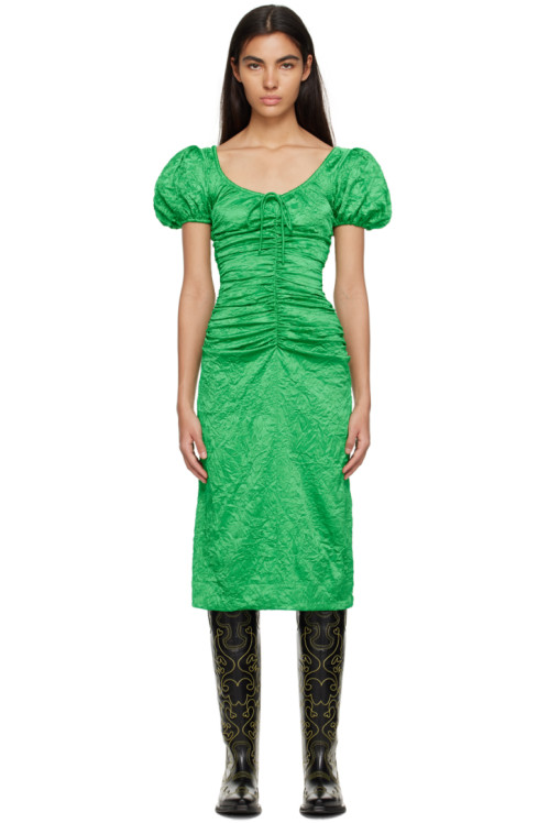 GANNI Green Crinkled Midi Dress,Bright green, image