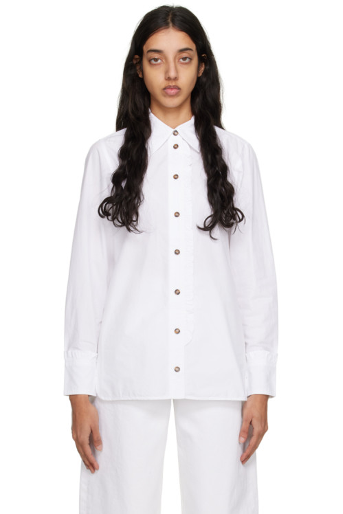 GANNI White Ruffle Long Sleeve Shirt,Bright White