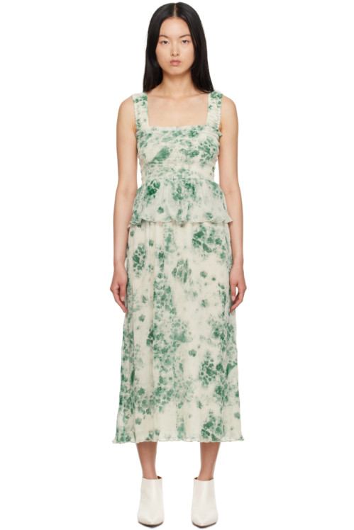 GANNI Green Pleated Midi Dress,Egret, image
