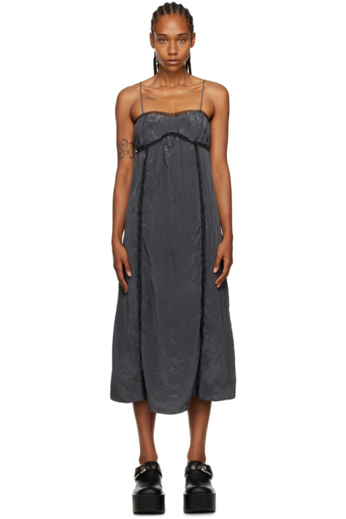 GANNI Gray Shiny Midi Dress,Gray pinstripe, image