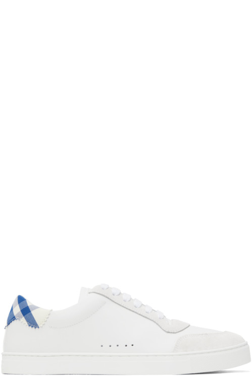 버버리 Burberry White & Blue Checked Sneakers,Optical White