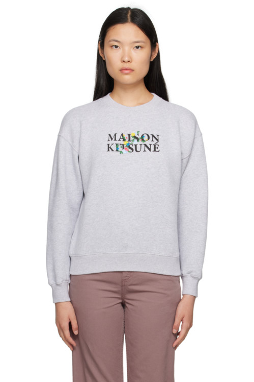 메종 키츠네 Maison Kitsune Gray Flowers Sweatshirt,Light grey melange