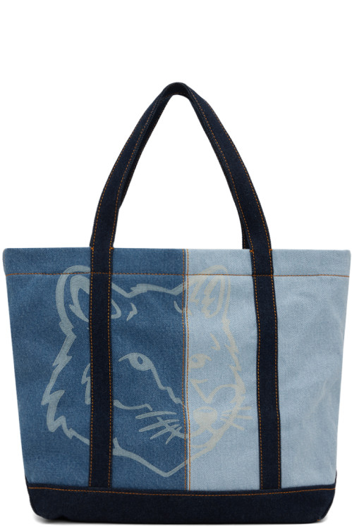 메종 키츠네 Maison Kitsune Blue Fox Head Medium Denim Tote,Washed indigo,image