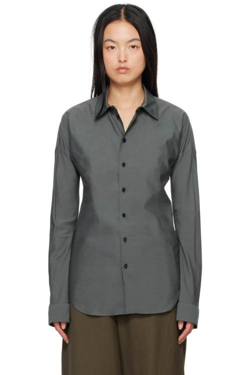 LEMAIRE Gray Band Collar Shirt,Asphalt,image