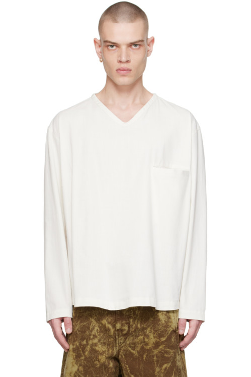 LEMAIRE Off-White V-Neck Long Sleeve T-Shirt,Chalk