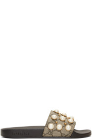 Gucci - Beige GG Supreme Pearls Pursuit Slides