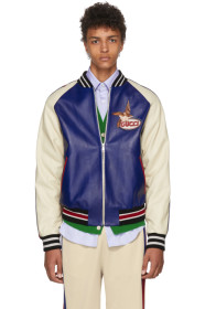 Gucci - Blue & Beige Leather Bomber Jacket