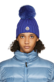 Moncler - Blue Fur Rib Pom Pom Beanie